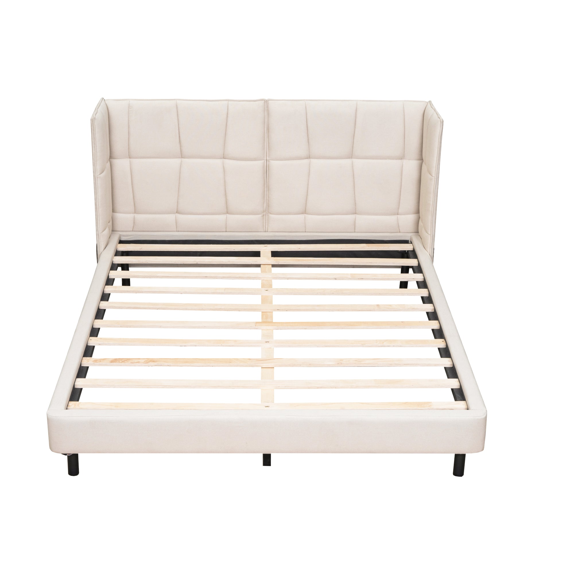 Letto Matrimoniale Imbottito con Luci LED e Testiera a U - Tessuto Lino Beige