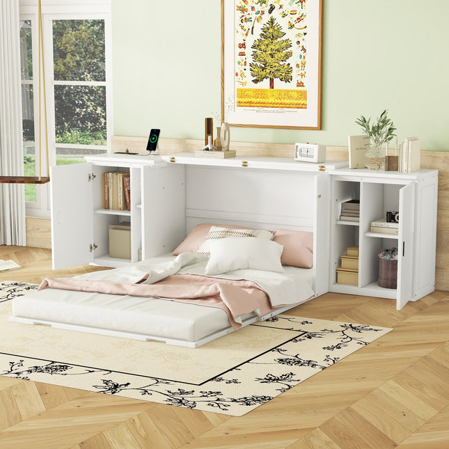 Full Size Murphy Bed with Shelves, Cabinets, and USB Ports – White