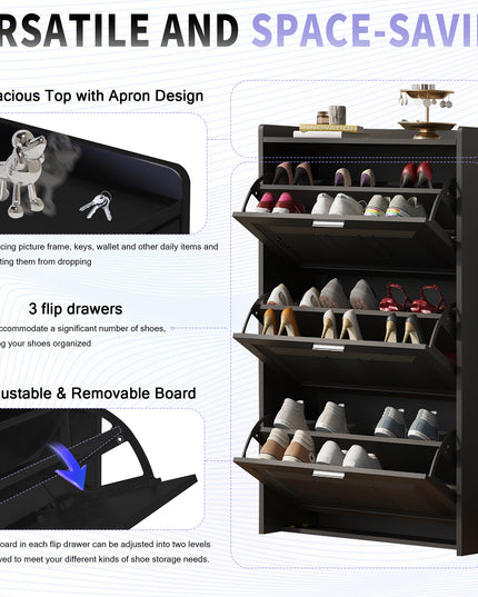 U-Can Shoe Storage Cabinet for Entryway with 3 Flip Drawers, Modern Shoe Organizer Cabinet, Free Standing Shoe Rack Black
