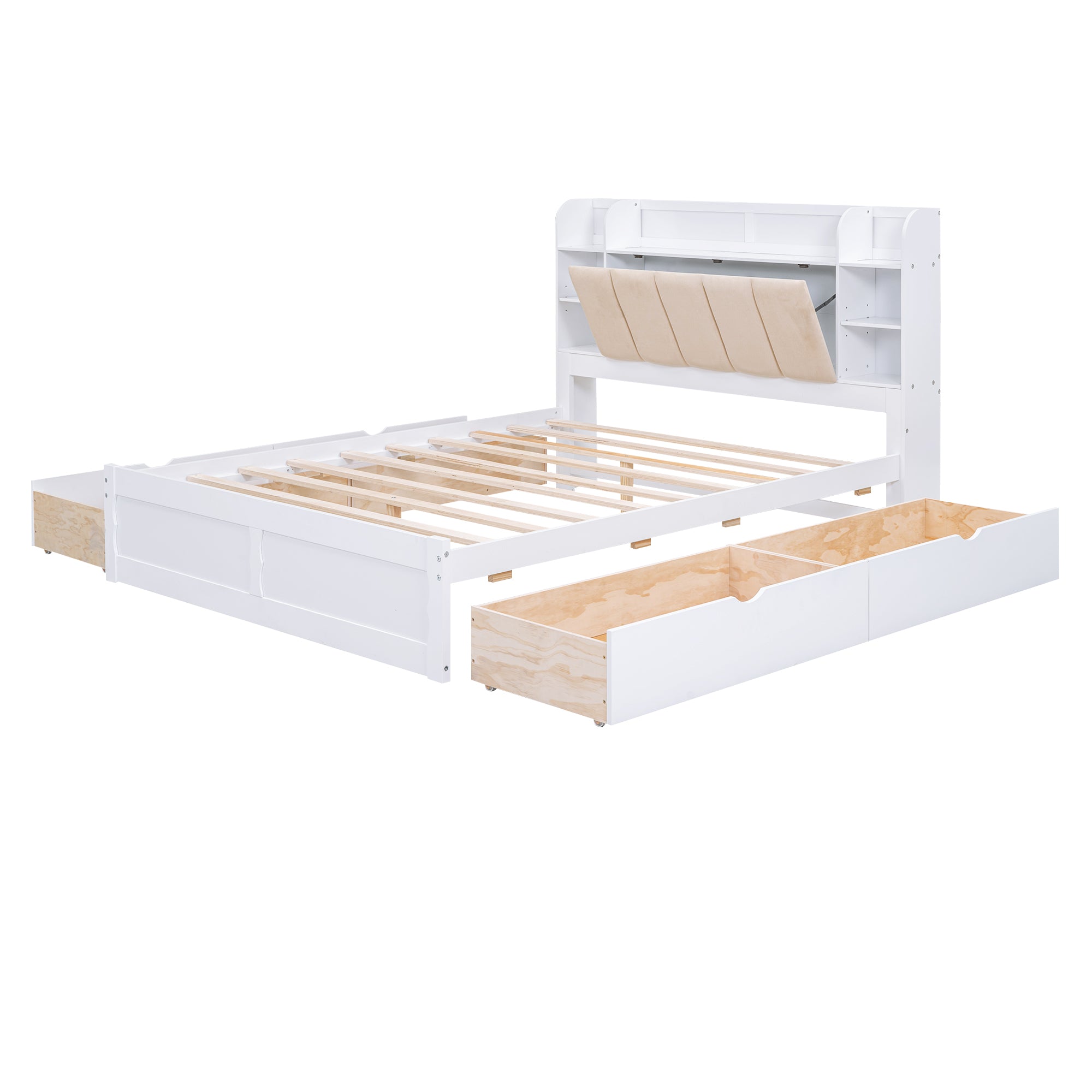 Letto Matrimoniale in Legno con Testiera Contenitore, Ripiani e 4 Cassetti - Bianco