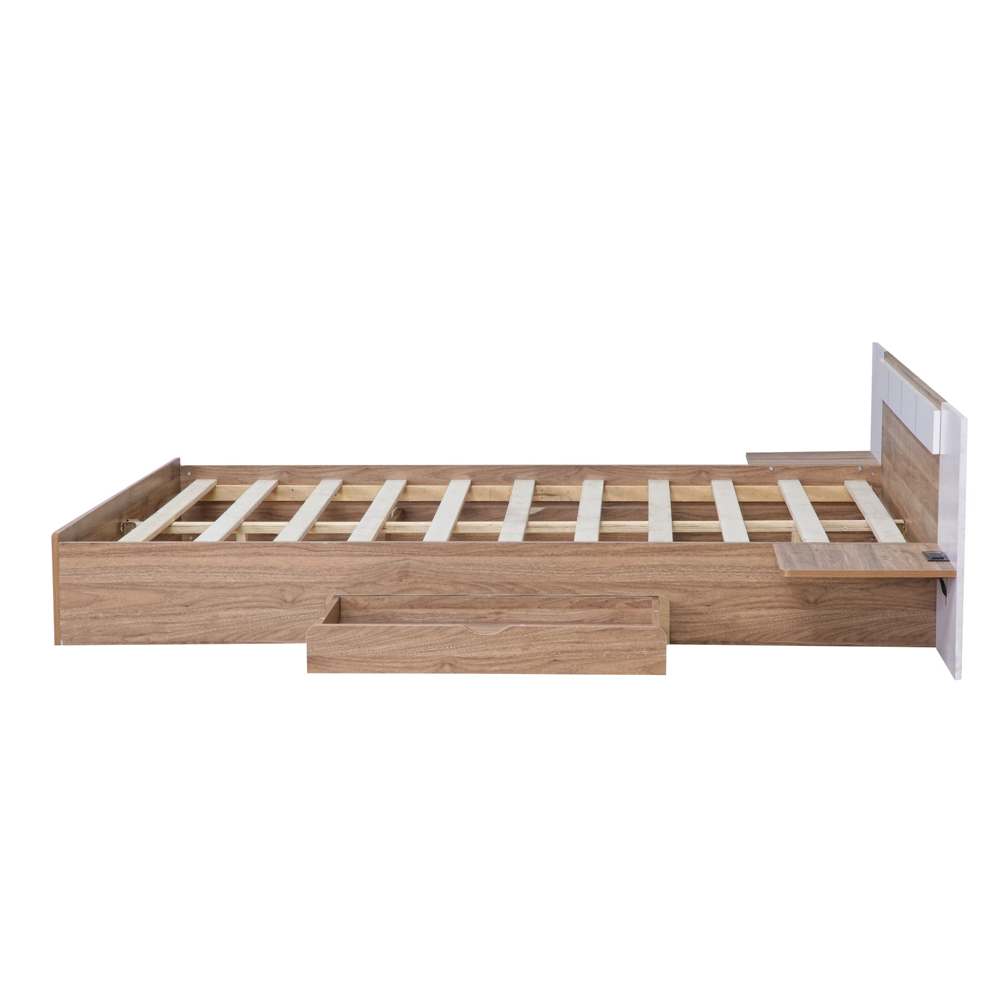 Letto Matrimoniale in Legno con Cassetti, Ripiani, Porte USB e Prese - Naturale