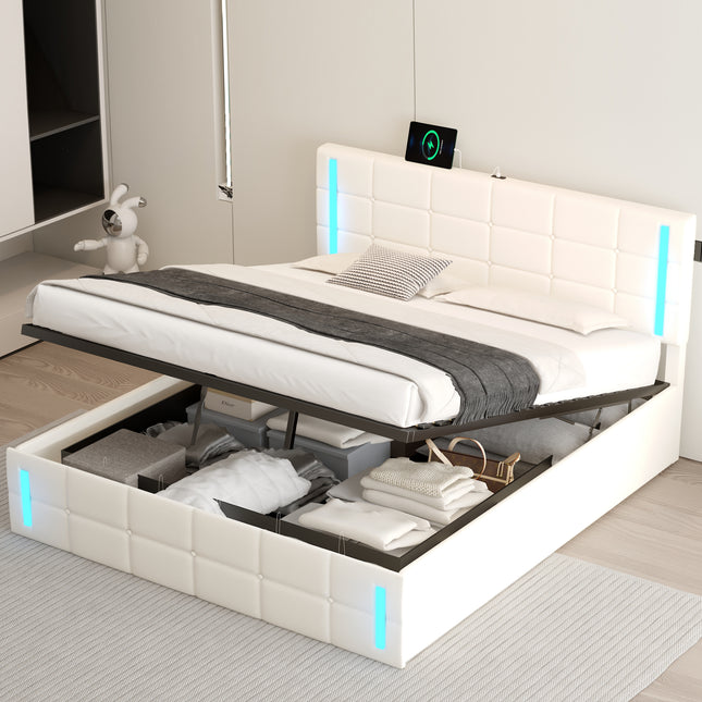 Queen Size Upholstered Bed with LED Lights Hydraulic Storage System and USB Charging Station White Default Title