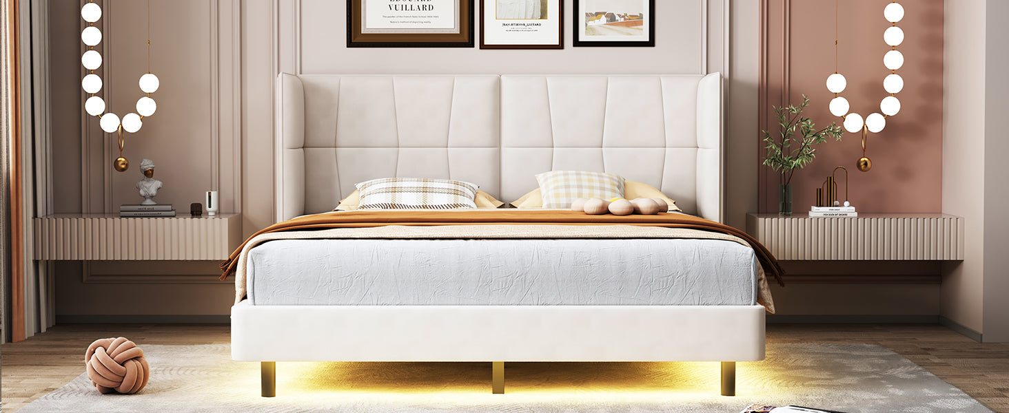 Letto Matrimoniale Imbottito con Luci LED e Testiera a U - Tessuto Lino Beige