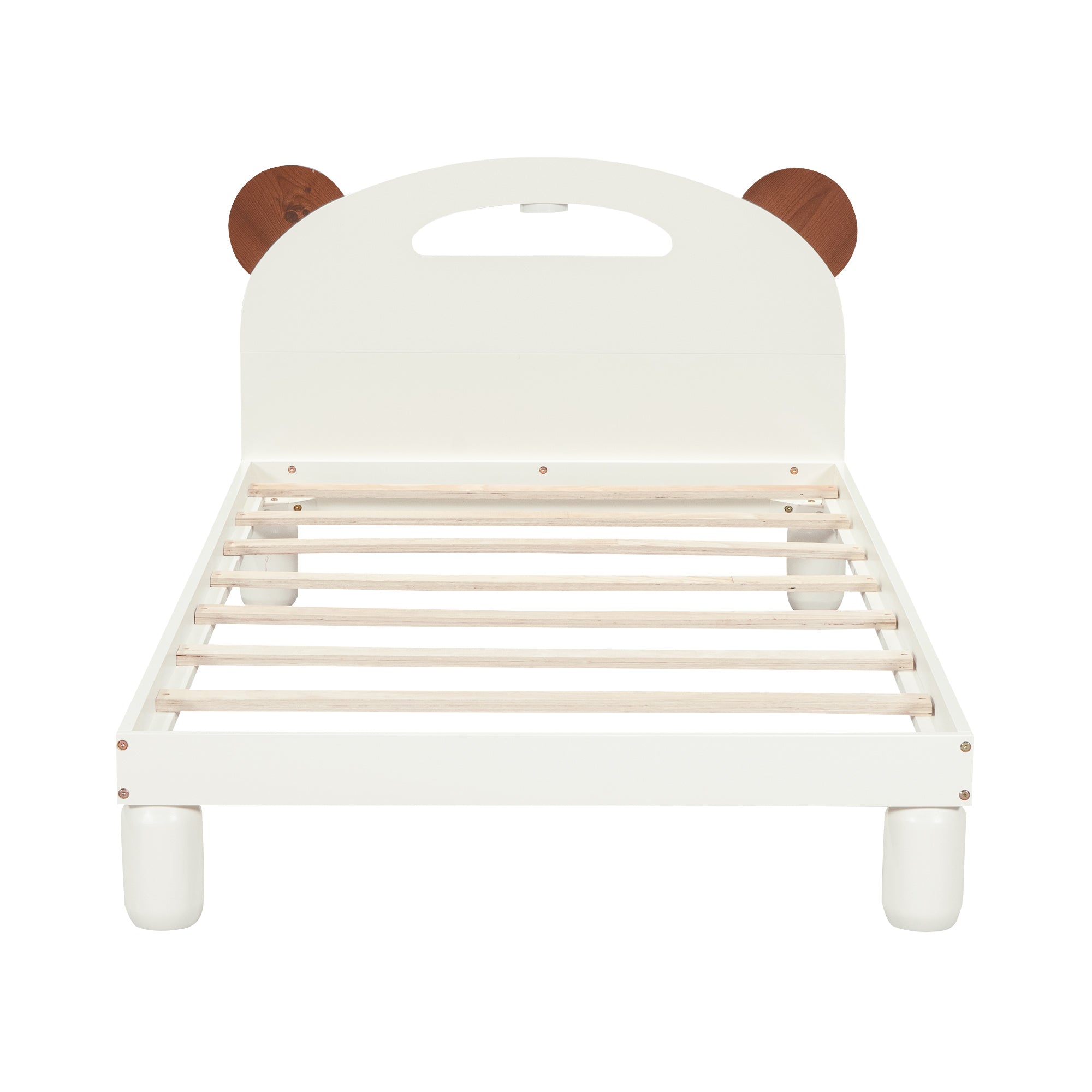 Letto Singolo in Legno con Testiera a Orecchie di Orso e LED - Bianco Crema