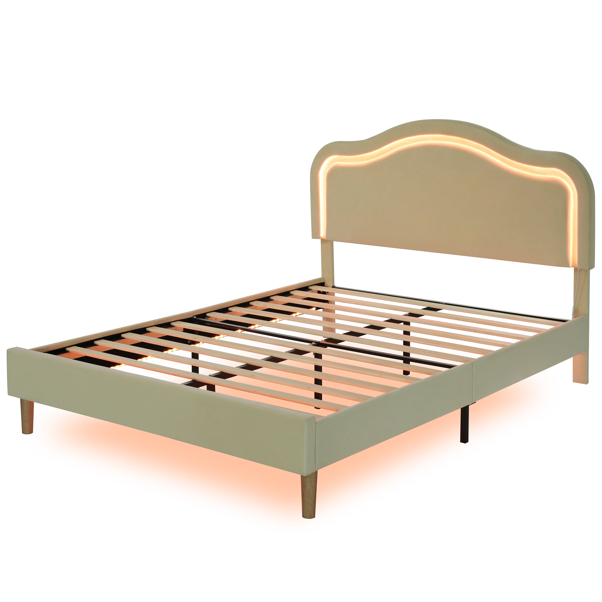 Letto Full Size Velluto Beige con LED