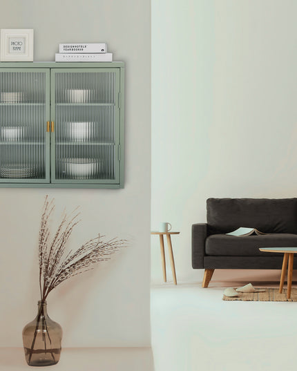 Retro Style Haze Double Glass Door Wall Cabinet With Detachable Shelves for Office Dining Room Living Room Kitchen