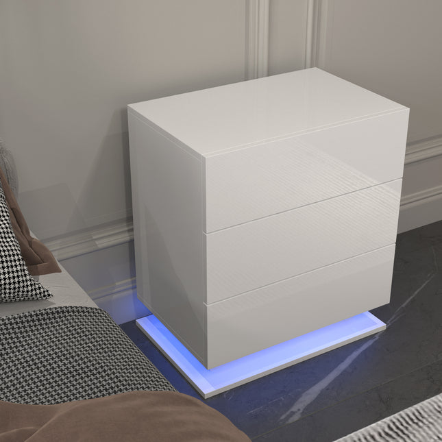 LED Nightstand with 3 drawers, White bedside Table ,Modern End Side Table for Bedroom