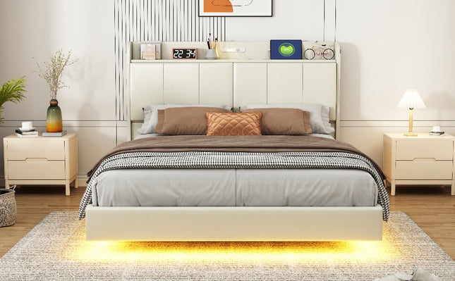 Large Floating Bed Frame with Storage Headboard – Touch Sensor Night Light and USB Charger, Padded Platform Bed, Beige