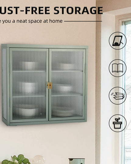 Retro Style Haze Double Glass Door Wall Cabinet With Detachable Shelves for Office Dining Room Living Room Kitchen