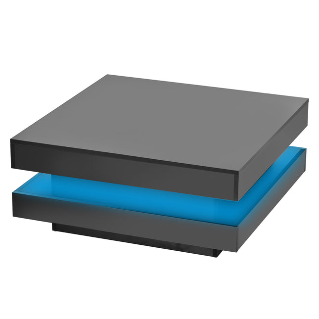 ON-TREND High Gloss Minimalist Design 2-Tier Square Coffee Table with LED Lights – Black