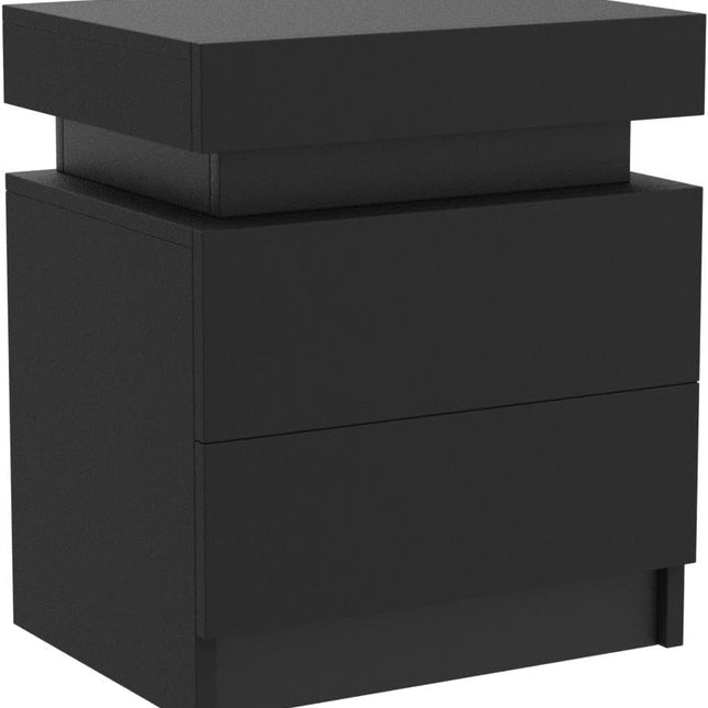 Modern Black LED Nightstand with Led Lights Bedside table with 2 High Gloss Drawers for Bedroom