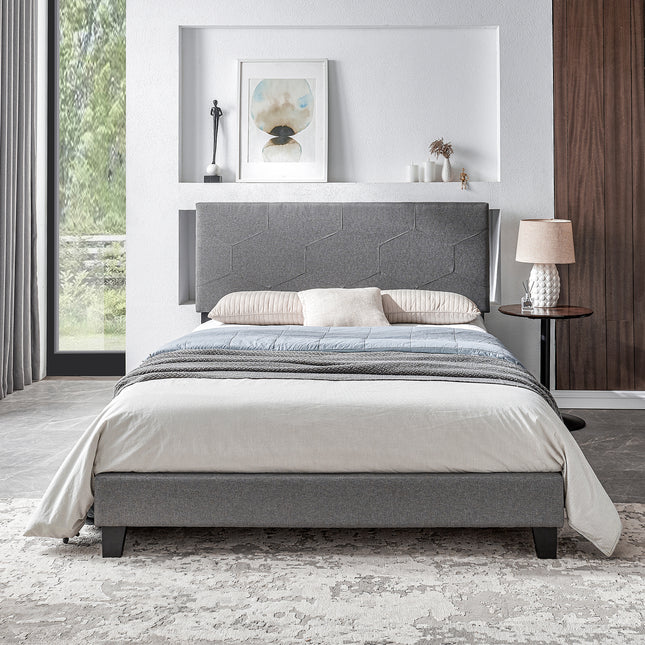 Queen Size Upholstered Platform Bed Frame with Wood Slat Support – Easy Assembly, Grey Default Title