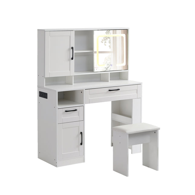 Vanity table with large sliding lighted mirror dressing table with 2 drawers storage shelves and upholstered stool white color
