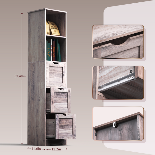 Bathroom Floor Cabinet with 3 Drawers 2 Shelves, Tall Narrow Bathroom Kitchen Pantry Storage Cabinet with Open Compartment Grey