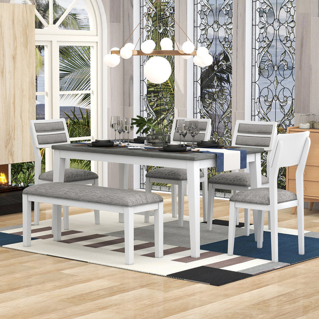 Classic 6-Piece Dining Set, Table, 4 Chairs & Bench (White/Gray) Default Title