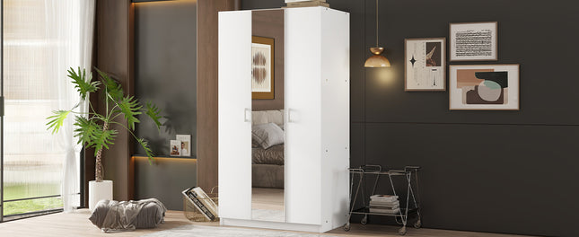 3 Door Wardrobe with Mirror, Armoire with Hanging Rod and 3 Fixed Shelves, White