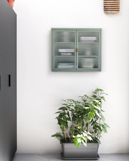Retro Style Haze Double Glass Door Wall Cabinet With Detachable Shelves for Office Dining Room Living Room Kitchen
