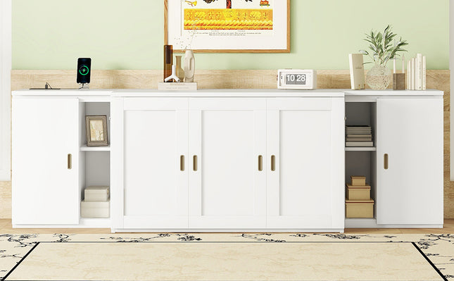 Full Size Murphy Bed with Shelves, Cabinets, and USB Ports – White
