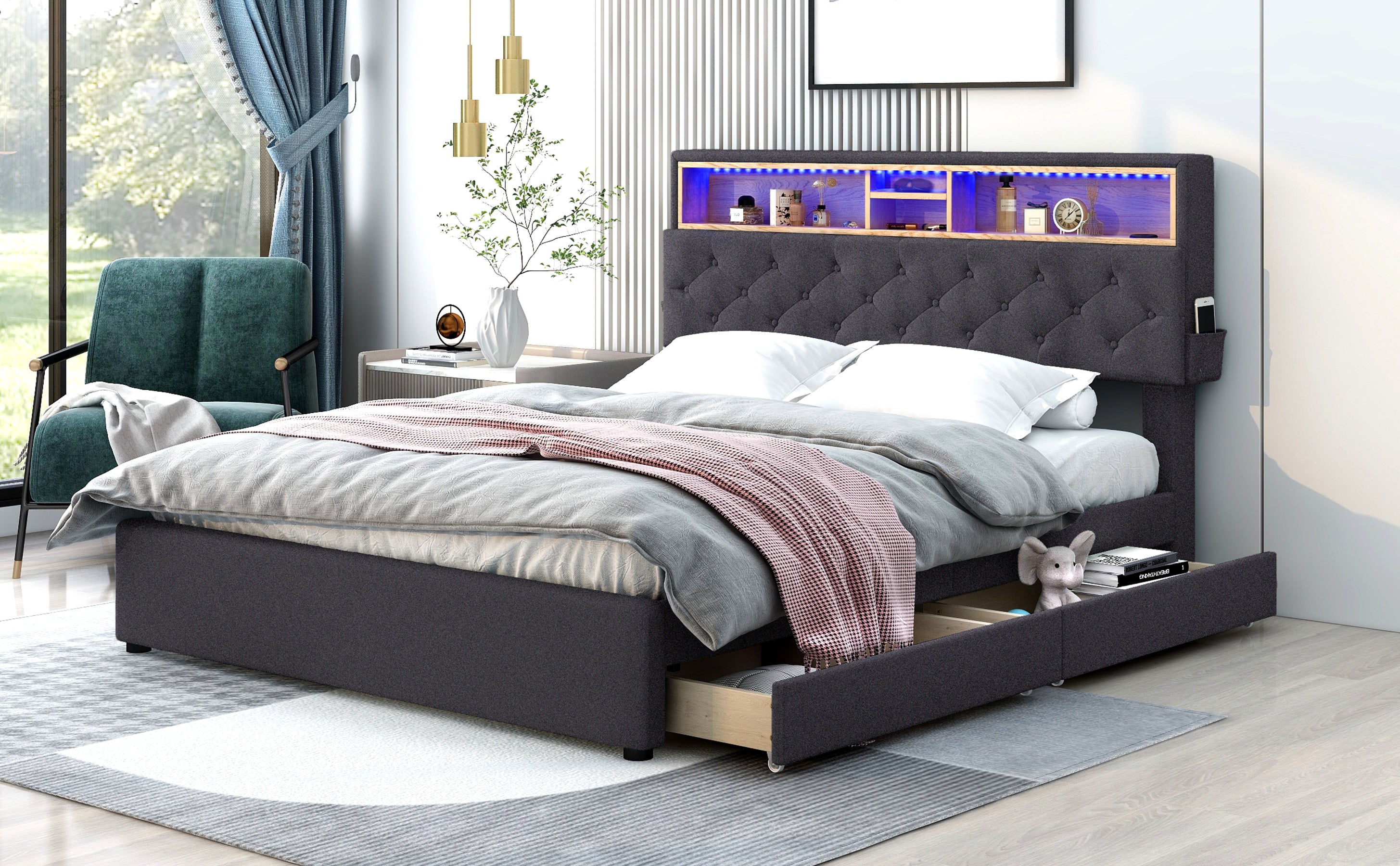 Letto Queen con LED e Ricarica USB Grigio Scuro