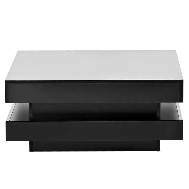ON-TREND High Gloss Minimalist Design 2-Tier Square Coffee Table with LED Lights – Black