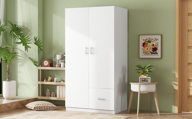 Wooden Wardrobe with Double Doors, Armoire with Hanging Rod, 5 Fixed Shelves, One Storage Drawer, White