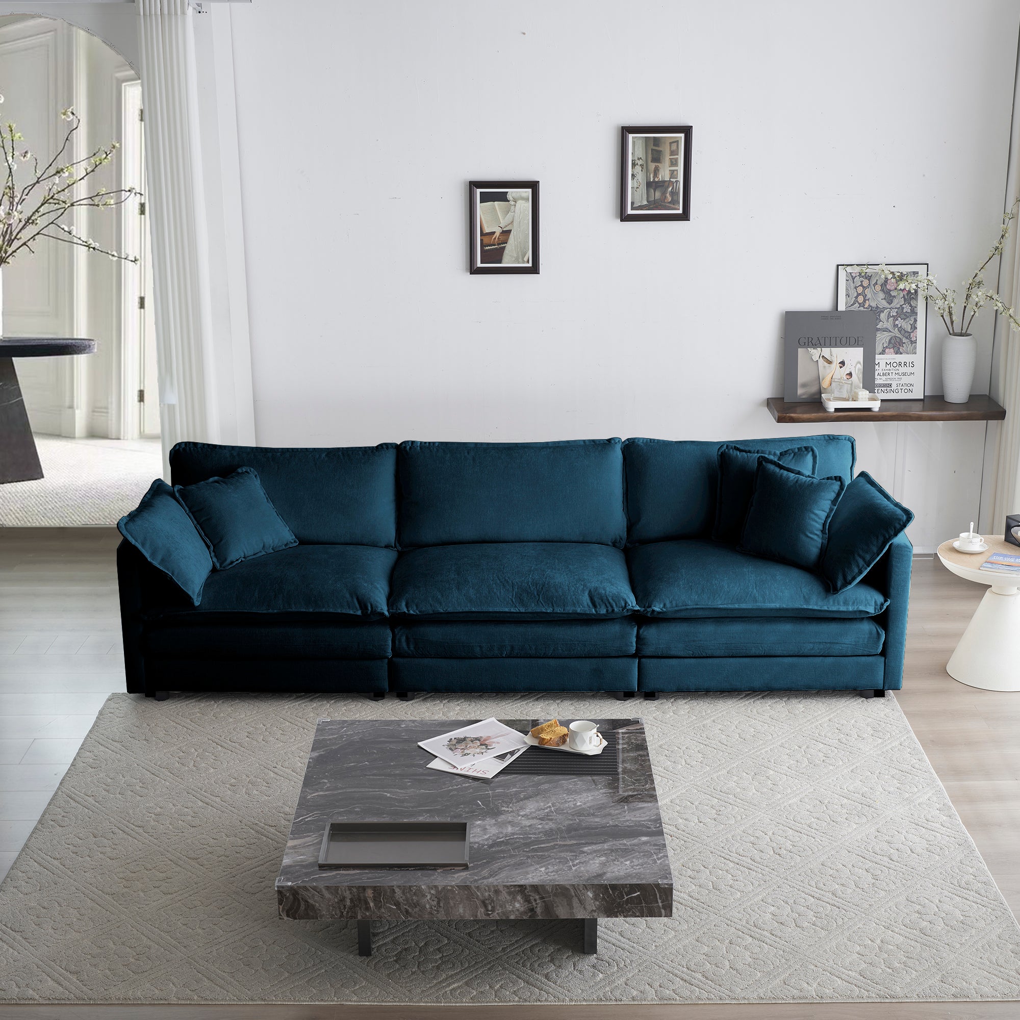 Divano 3 Posti Blu in Ciniglia Stile Mid-Century Moderno