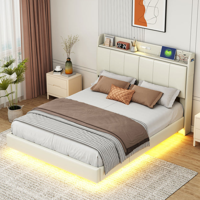 Large Floating Bed Frame with Storage Headboard – Touch Sensor Night Light and USB Charger, Padded Platform Bed, Beige Default Title