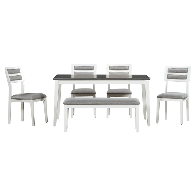 Classic 6-Piece Dining Set, Table, 4 Chairs & Bench (White/Gray)