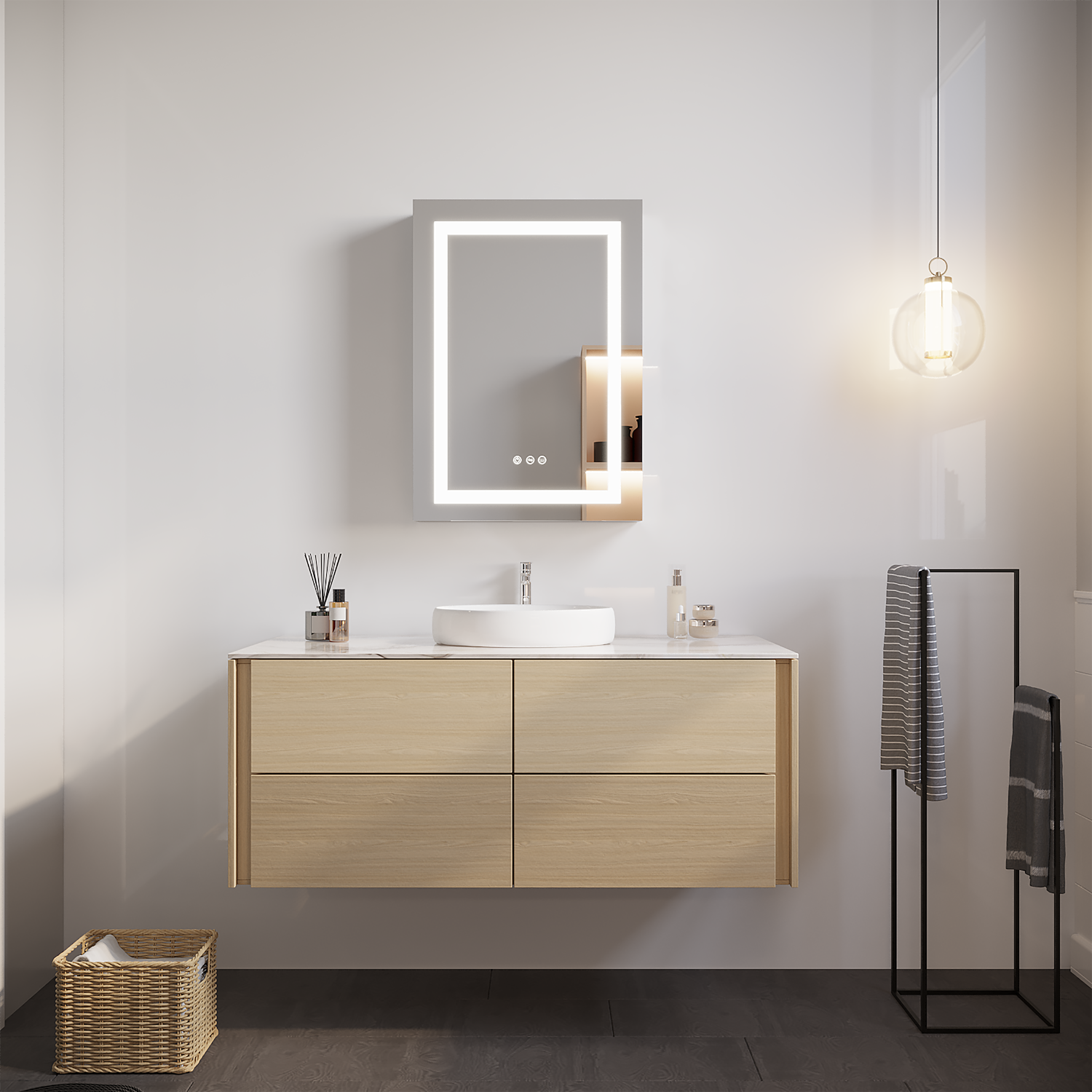 Armadietto Bagno LED 66x51cm Antiappannamento