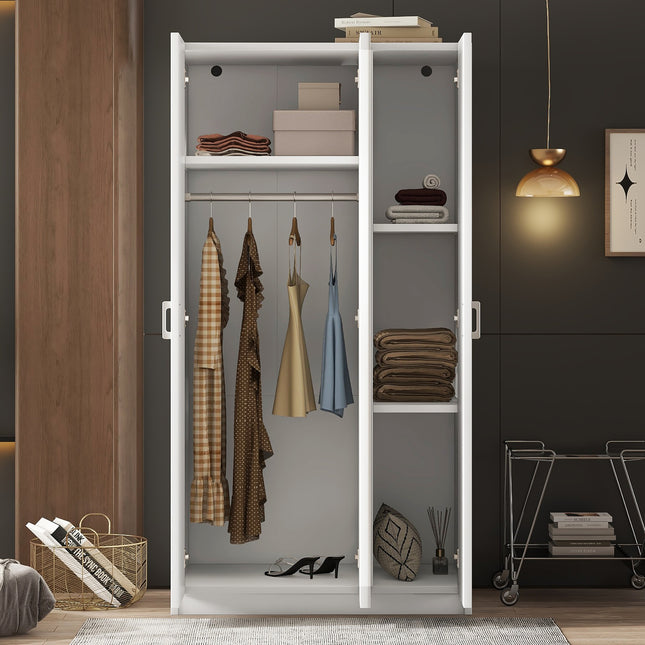 3 Door Wardrobe with Mirror, Armoire with Hanging Rod and 3 Fixed Shelves, White