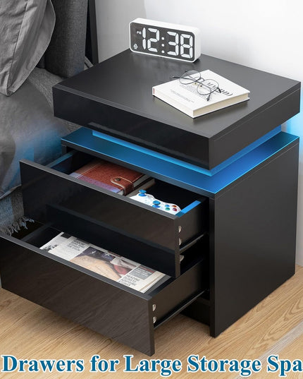Modern Black LED Nightstand with Led Lights Bedside table with 2 High Gloss Drawers for Bedroom LED
