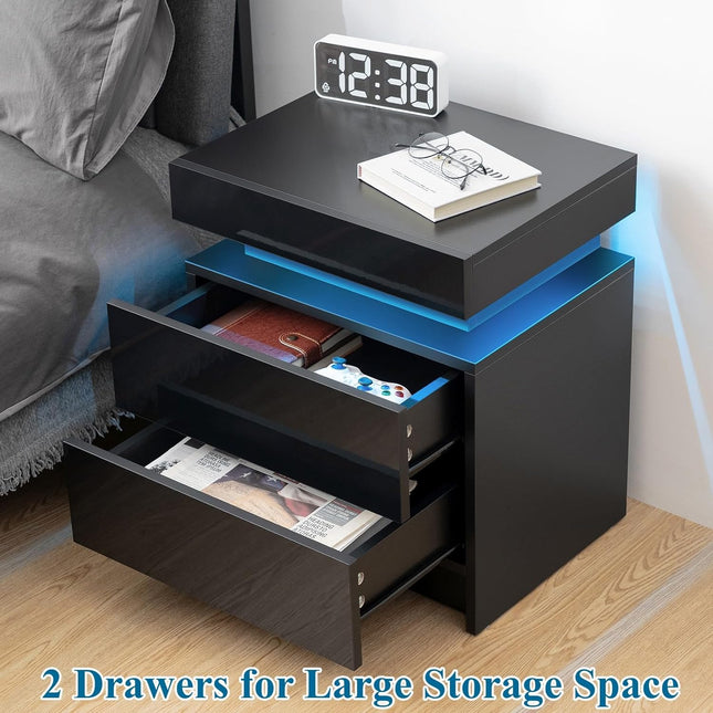 Modern Black LED Nightstand with Led Lights Bedside table with 2 High Gloss Drawers for Bedroom LED