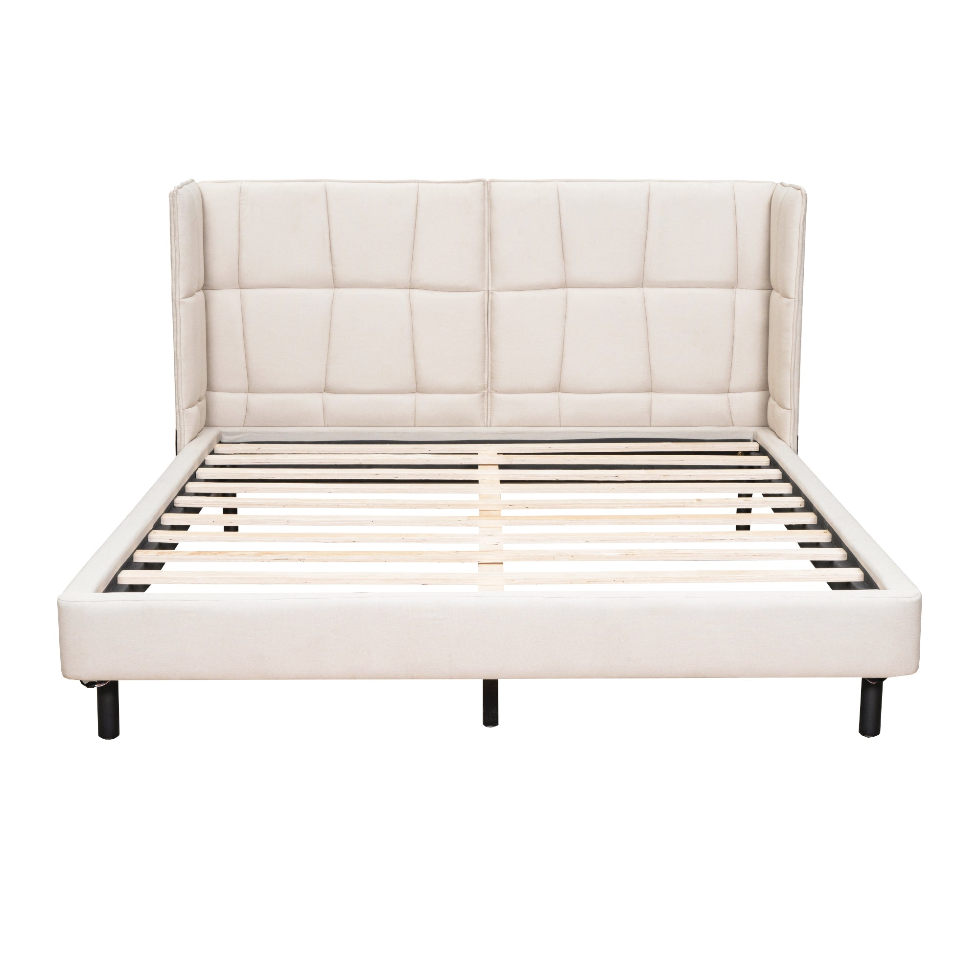 Letto Matrimoniale Imbottito con Luci LED e Testiera a U - Tessuto Lino Beige