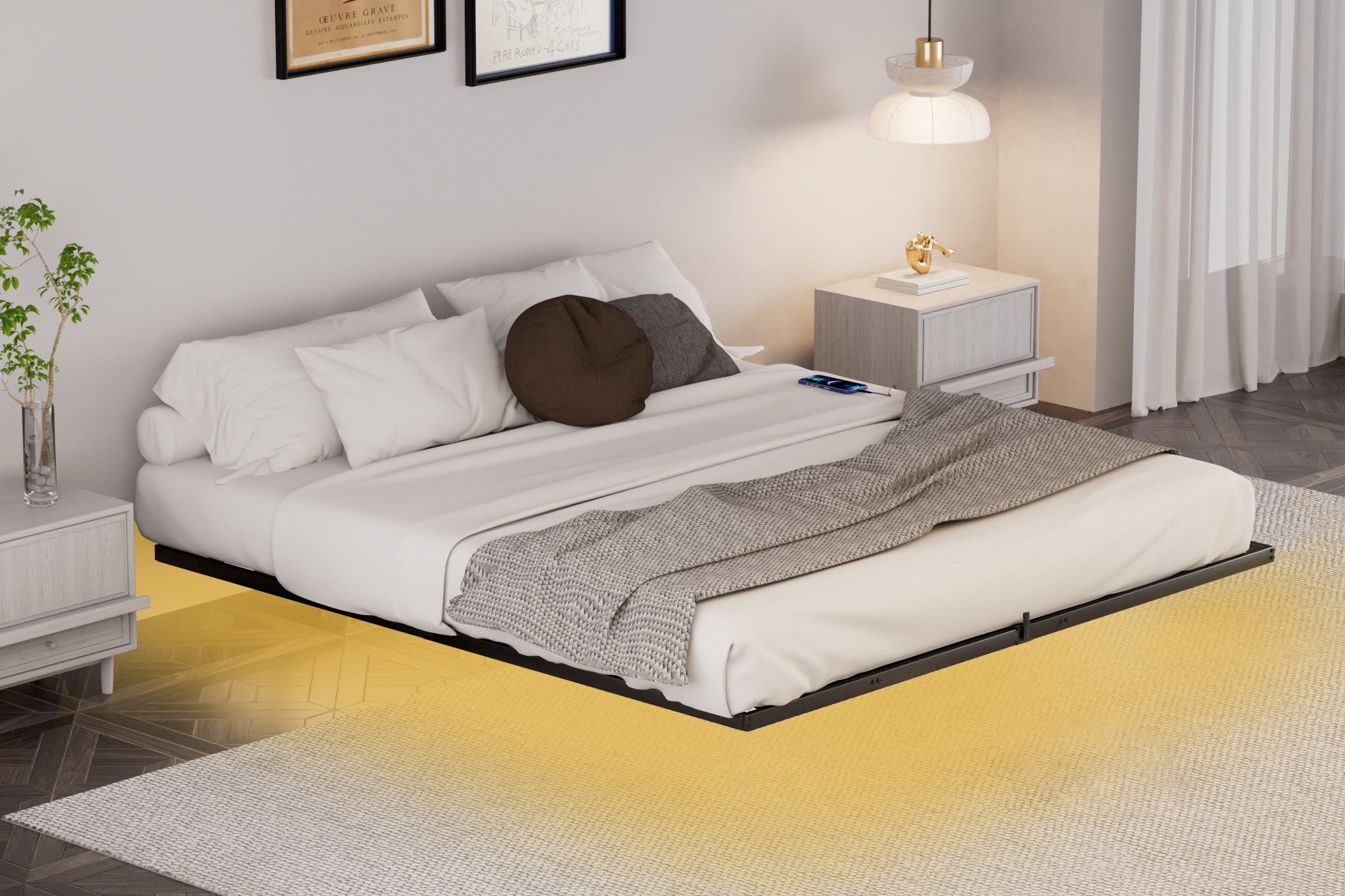 Letto King Size Sospeso LED e Ricarica