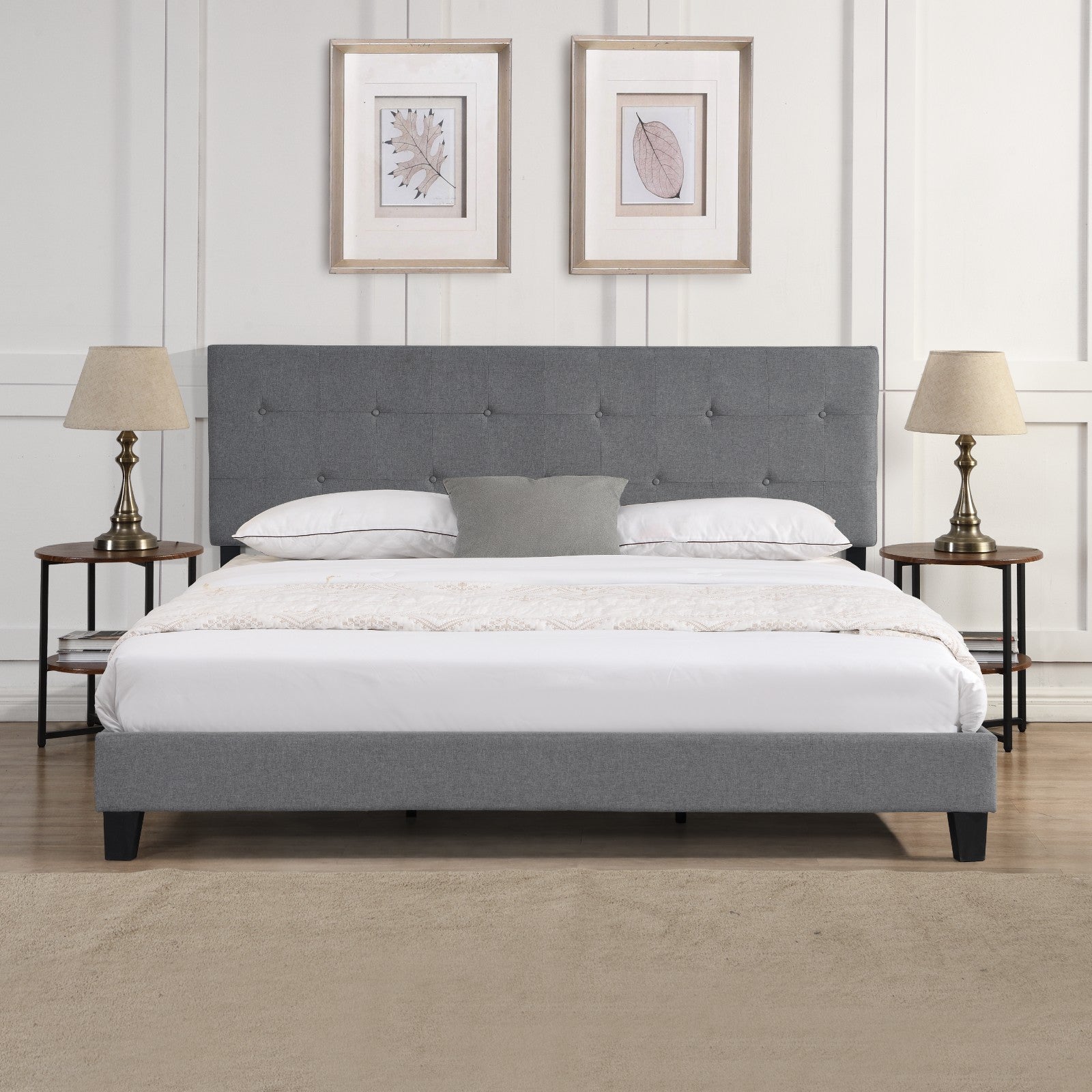 Letto King Size con Testiera Imbottita Grigia Elegante
