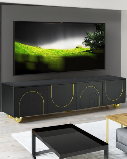 U-Can modern TV stand for TVs under 75 inches with a storage cabinet top marble pattern and circular stand