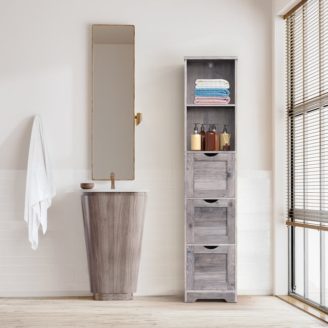 Bathroom Floor Cabinet with 3 Drawers 2 Shelves, Tall Narrow Bathroom Kitchen Pantry Storage Cabinet with Open Compartment Grey