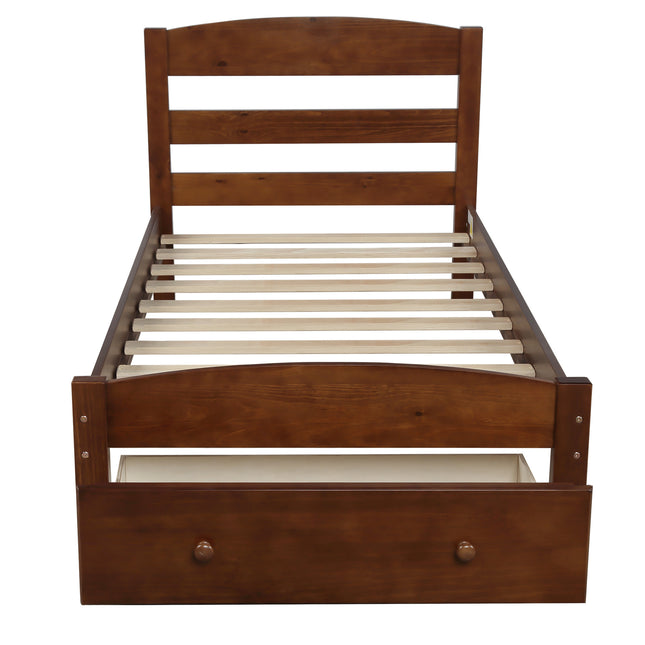 Platform Twin Bed Frame with Storage Drawer and Wood Slat Support – No Box Spring Needed, Walnut