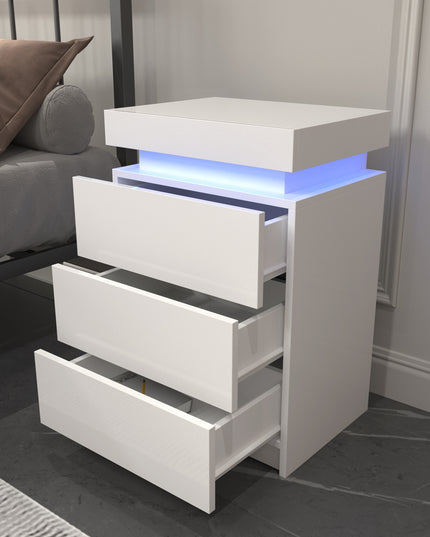LED White Nightstand With 3 Drawers, Modern Multi-Colour LED Night Table Bedside Tables for Bedroom, Living Room