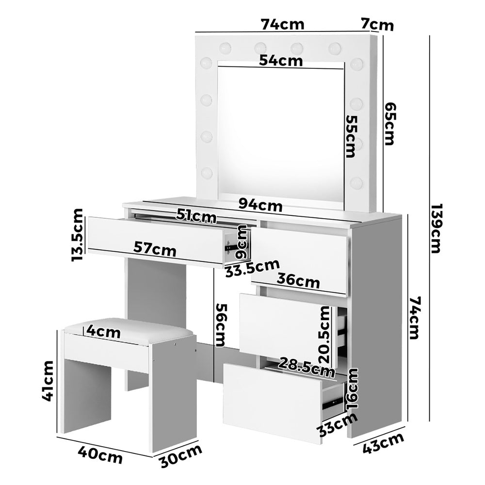 NNEED Dressing Table Stool Set with 12 Bulbs Mirror White-3
