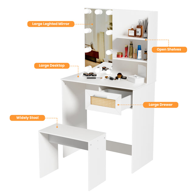 Vanity Desk Set Stool & Dressing Table with LED Lighting Mirror Drawer and Wood Cosmetic Table Chest of Drawers White Color