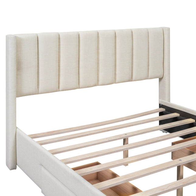 Full Size Upholstered Platform Bed with One Large Drawer in the Footboard and Drawers on Each Side, Beige