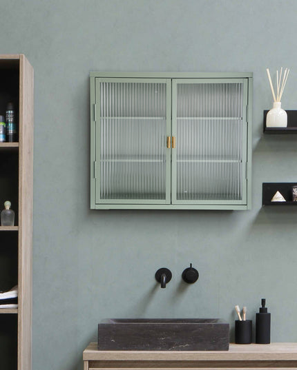 Retro Style Haze Double Glass Door Wall Cabinet With Detachable Shelves for Office Dining Room Living Room Kitchen Default Title
