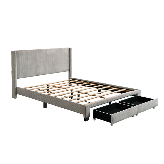 Corduroy Velvet Queen Wingback Bed with Footboard Drawer Storage – Upholstered Design