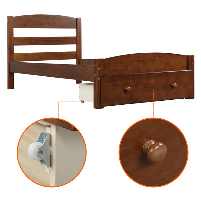 Platform Twin Bed Frame with Storage Drawer and Wood Slat Support – No Box Spring Needed, Walnut