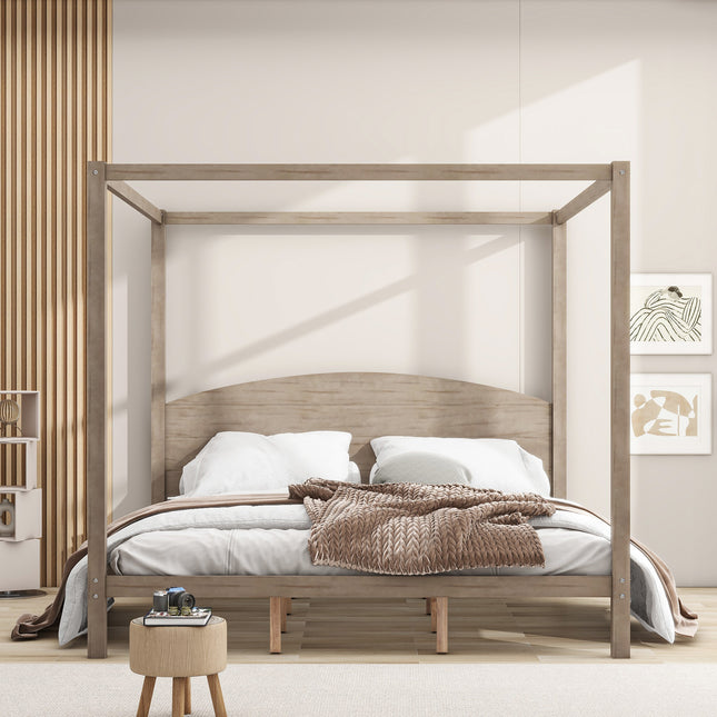 King Size Canopy Platform Bed with Headboard and Support Legs – Brown Wash Finish