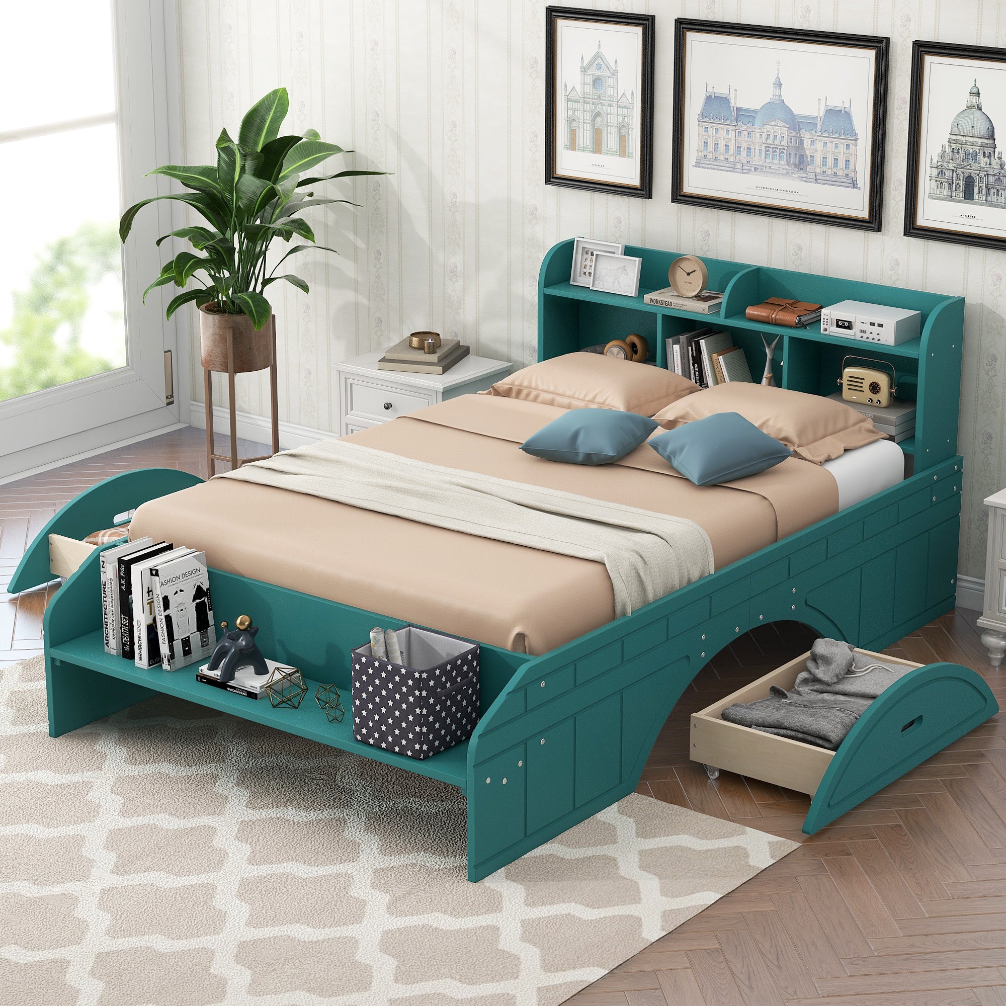 Letto Full Size in Legno con 2 Cassetti, Testiera e Pediera Contenitore - Verde Scuro