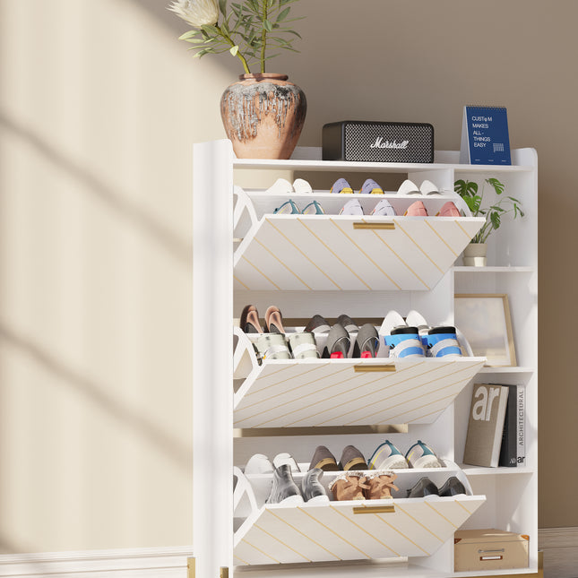 Shoe Cabinet with 3 Flip Drawers & Open Shelves, Modern Entryway Shoe Storage Cabinet Slim, Narrow Hidden Shoe Rack for Heels