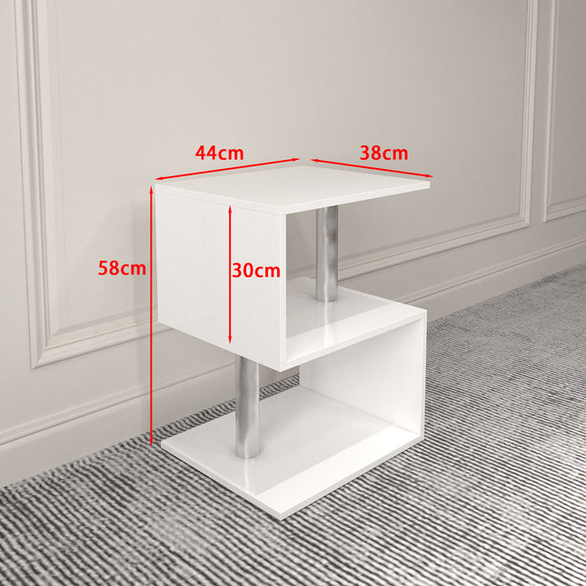 3-Layer S-Shaped Coffee Table – High Gloss Side Table with Open Storage Rack and USB Power Supply, White LED Coffee Table