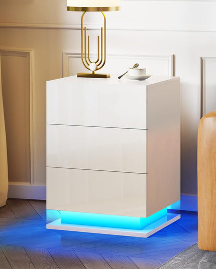 LED Nightstand with 3 drawers, White bedside Table ,Modern End Side Table for Bedroom White LED